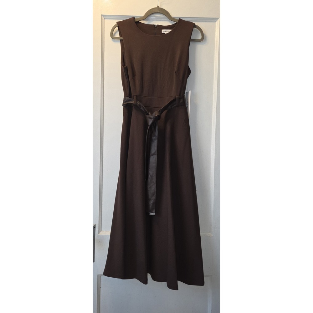NWT Calvin Klein Brown Belted A Line Sleeveless Faux Leather Belted Dress.  4 - Picture 3 of 8